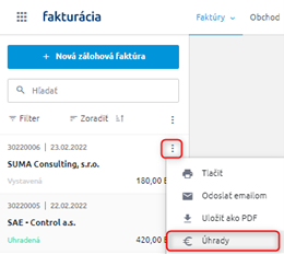 Úhrada preddávkovej faktúry